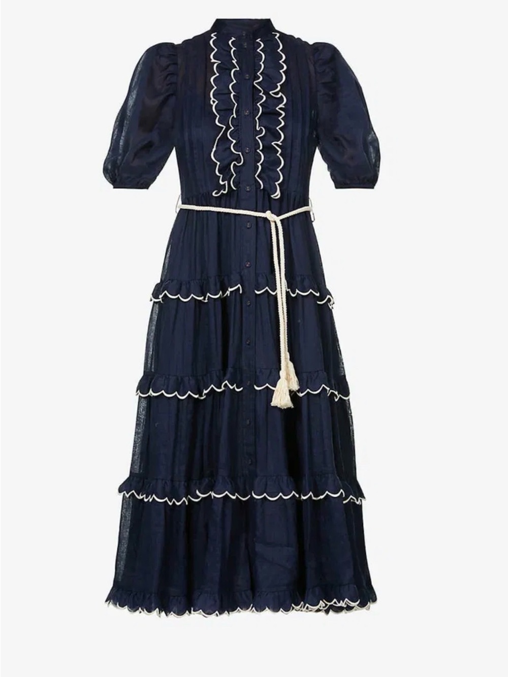 Zimmermann Navy Ruffle Tiered with white trim Midi Dress Contrast missing belt 4 - Picture 3 of 11